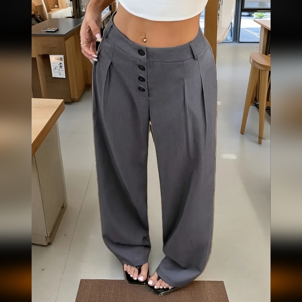 Women's Solid Color High Rise Button Front Pleated Wide Leg Loose Pants Grey M - Picture 6 of 7